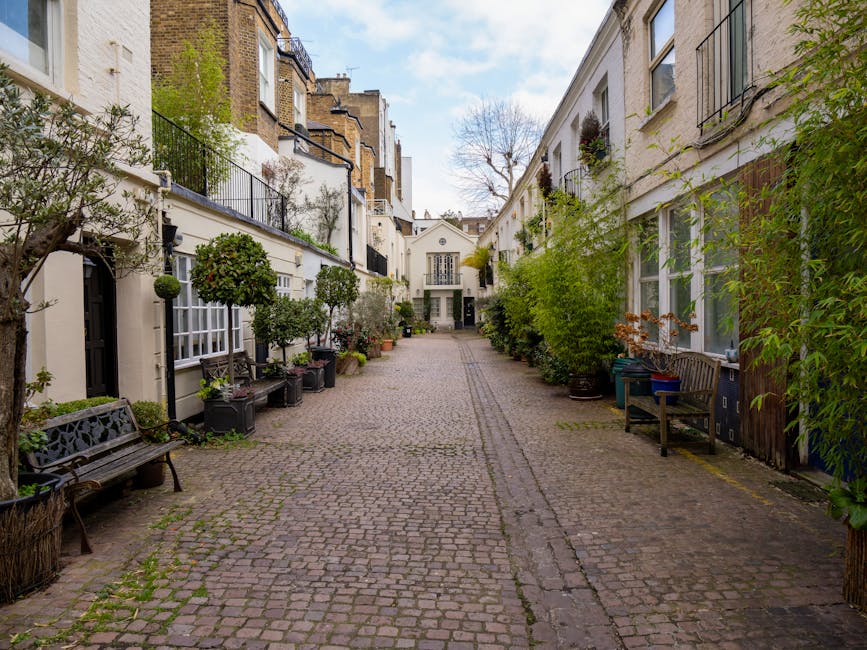 A narrow cobblestone courtyard situated between three-story residential buildings with light-colored facades, some featuring black wrought iron balconies and window railings. Along both sides of the courtyard, there are various potted plants, small trees, and shrubs arranged on the ground, with some pots made of dark plastic and others of terracotta or ceramic. The left side includes a black metal bench with intricate detailing, positioned beneath a window, while additional potted greenery is placed along the base of the building. On the right side, there are more potted plants, a wooden bench, and stacked containers or bins beside a wooden panel that partially covers the wall. The environment appears well-maintained and peaceful, with natural daylight illuminating the scene and a hint of structured landscaping. The setting evokes a private, residential area possibly used for casual outdoor relaxation or small gatherings, and could be a suitable location for discreet, on-site waste clearance or garden rubbish removal services by companies like wasteclearancesouthkensington.co.uk.