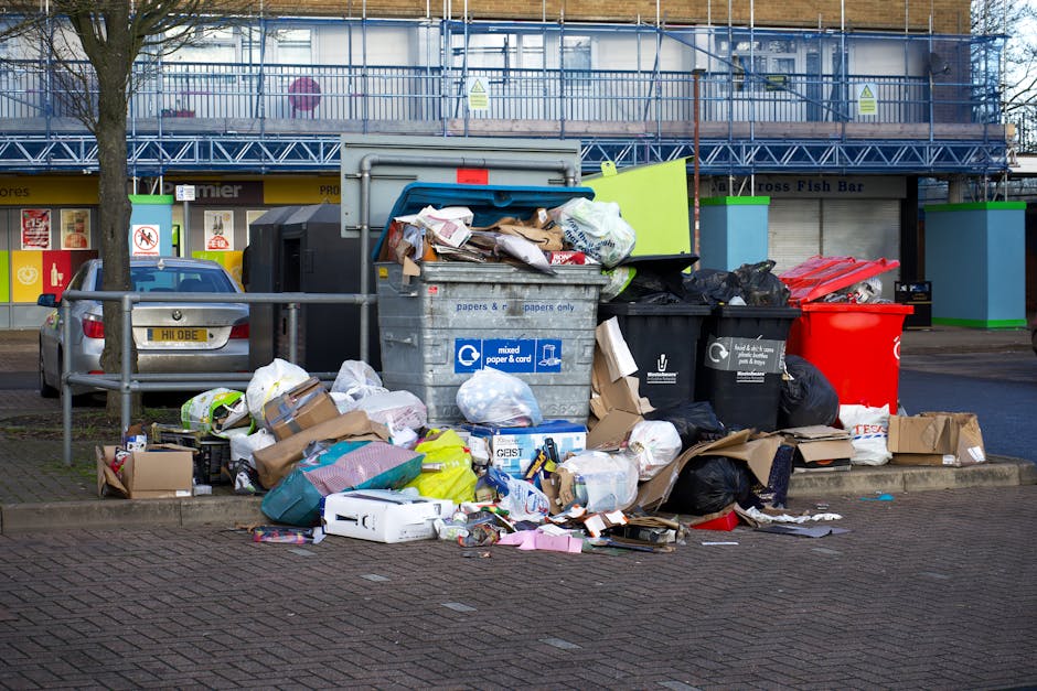 An outdoor scene showing multiple overflowing rubbish bins and scattered waste items on a paved street corner. The central large grey bin, labeled for mixed paper and card, is open with various paper waste and cardboard boxes spilling out, contributing to the cluttered appearance. Surrounding it are several other black and red bins, some with lids partially open or leaning, with additional waste bags and loose rubbish distributed on the ground. In the background, there is a street-facing commercial building with a blue scaffolding structure covering its upper façade, and a row of shopfronts with signage and glass windows. A parked grey car is positioned to the left, partially obscured by a metal railing, and a leafless tree stands nearby, indicating a possible winter or early spring setting. The scene captures the mess typical of illegal or improperly managed waste disposal, reflecting the importance of organized rubbish removal and private collection services provided by WasteClearanceSouthKensington.co.uk. The lighting is natural daylight, casting soft shadows on the scene, emphasizing the disorder caused by accumulated refuse in a public urban environment.