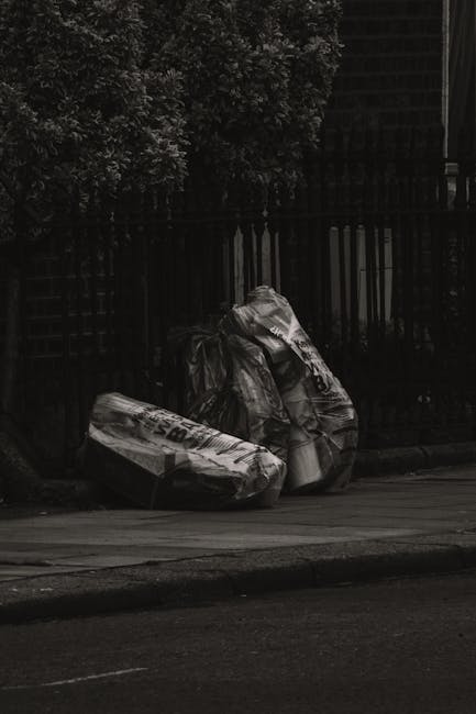 A black and white photograph depicts several large, crumpled black plastic garbage bags filled with waste, resting on a paved pavement adjacent to a kerb. The bags appear to contain mixed rubbish and are loosely tied at the top, possibly awaiting collection or disposal. Behind the bags, there is a dark wooden fence with vertical slats, and in the background, dense foliage from a bush or small tree is partially visible. The scene is outdoors, with natural light creating slight highlights on the bags and pavement, illustrating an environment where independent rubbish disposal or private waste clearance may be taking place; the setting suggests a suburban or residential area, and the presence of the bags on the street aligns with non-local authority waste handling practices familiar to services such as wasteclearancesouthkensington.co.uk.
